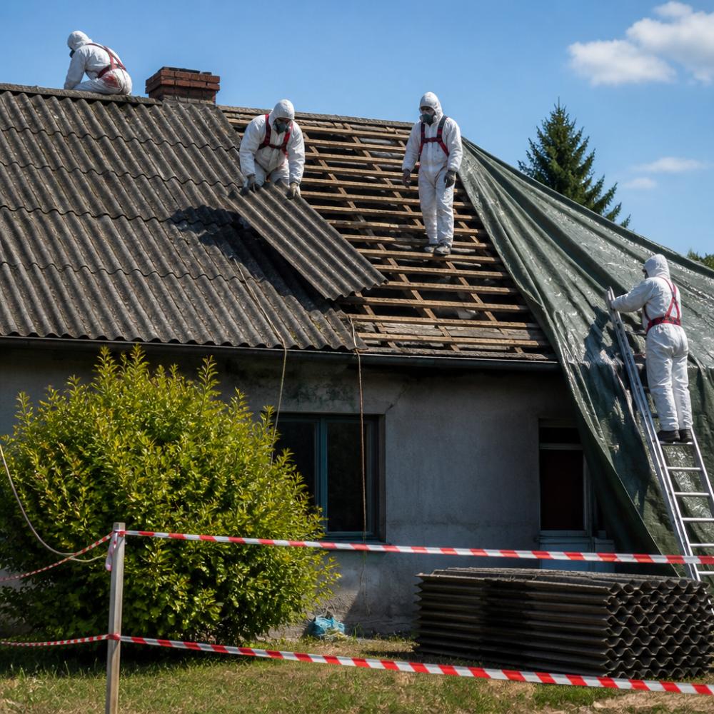 Pracovníci v bílých ochranných oblecích a respirátorech demontují šedé eternitové šablony ze střechy rodinného domu, střecha je částečně zakrytá plachtou, kolem je vyznačená ochranná zóna, denní světlo