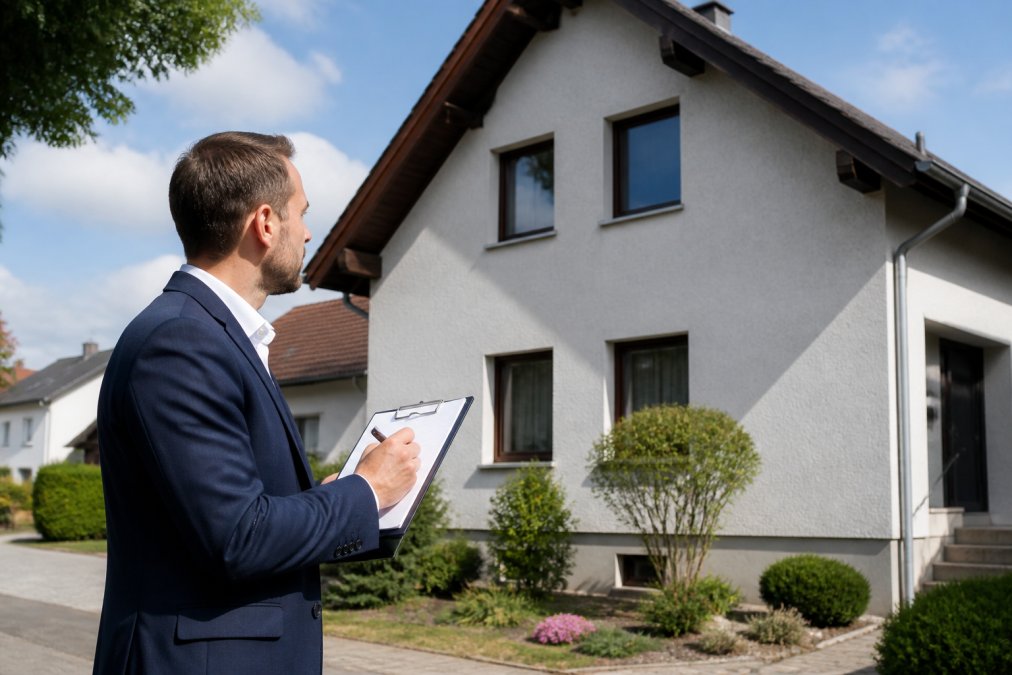 Sachverständiger in Business-Kleidung mit Klemmbrett besichtigt ein Einfamilienhaus von außen, notiert Details an der Fassade, Tageslicht, ruhige Wohnstraße