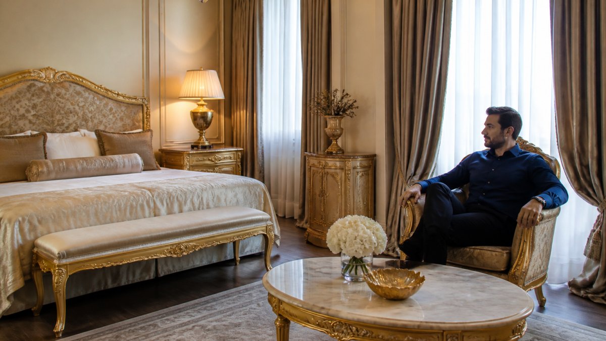 Elegantes Hotelzimmer mit Barock-Möbeln, Marmortisch, Seidengardinen und warmem Licht, Gast sitzt entspannt auf Sessel