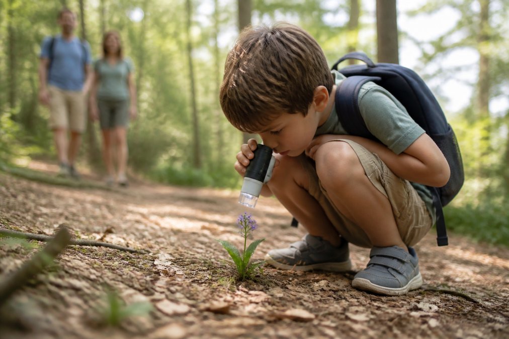 Enfant d'environ huit ans accroupi sur un sentier de forêt, regardant une petite fleur sauvage à travers un microscope portable tenu à quelques centimètres de la plante, sans la toucher. Lumière naturelle, ambiance familiale et curieuse, parents visibles en arrière-plan flou