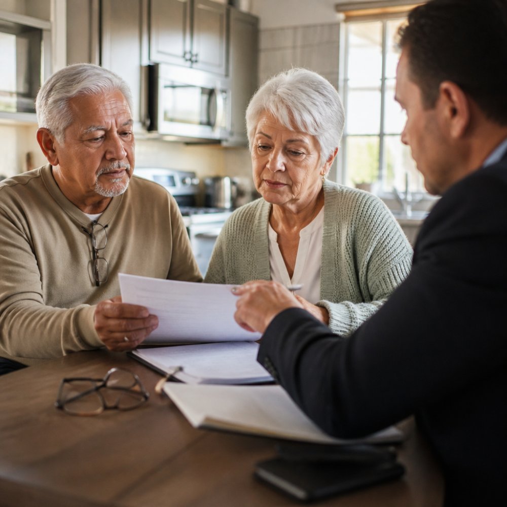 A senior couple sitting at a kitchen table reviewing life insurance policy documents with a financial advisor, warm natural light, reading glasses and paperwork visible
