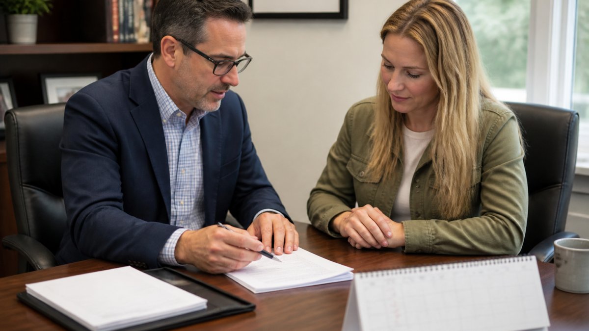 Insurance advisor reviewing claims-made policies with a small business owner at a desk