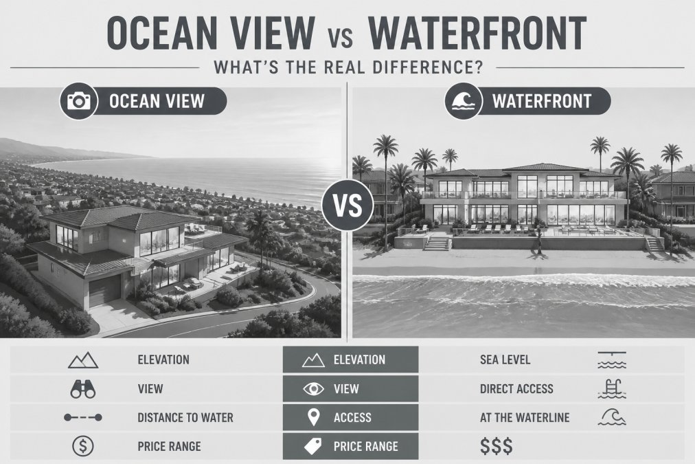 Aerial view of a Ventura County coastal hillside showing a modern luxury home with expansive ocean views in the distance, versus a beachfront mansion with direct water access at the property line, morning sunlight illuminating both properties