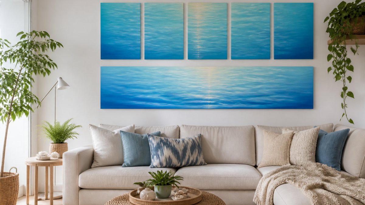 A bright, airy living room with a multi-piece coastal gallery wall of blue and white ocean canvas prints above a neutral sofa, styled with cushions and a woven throw