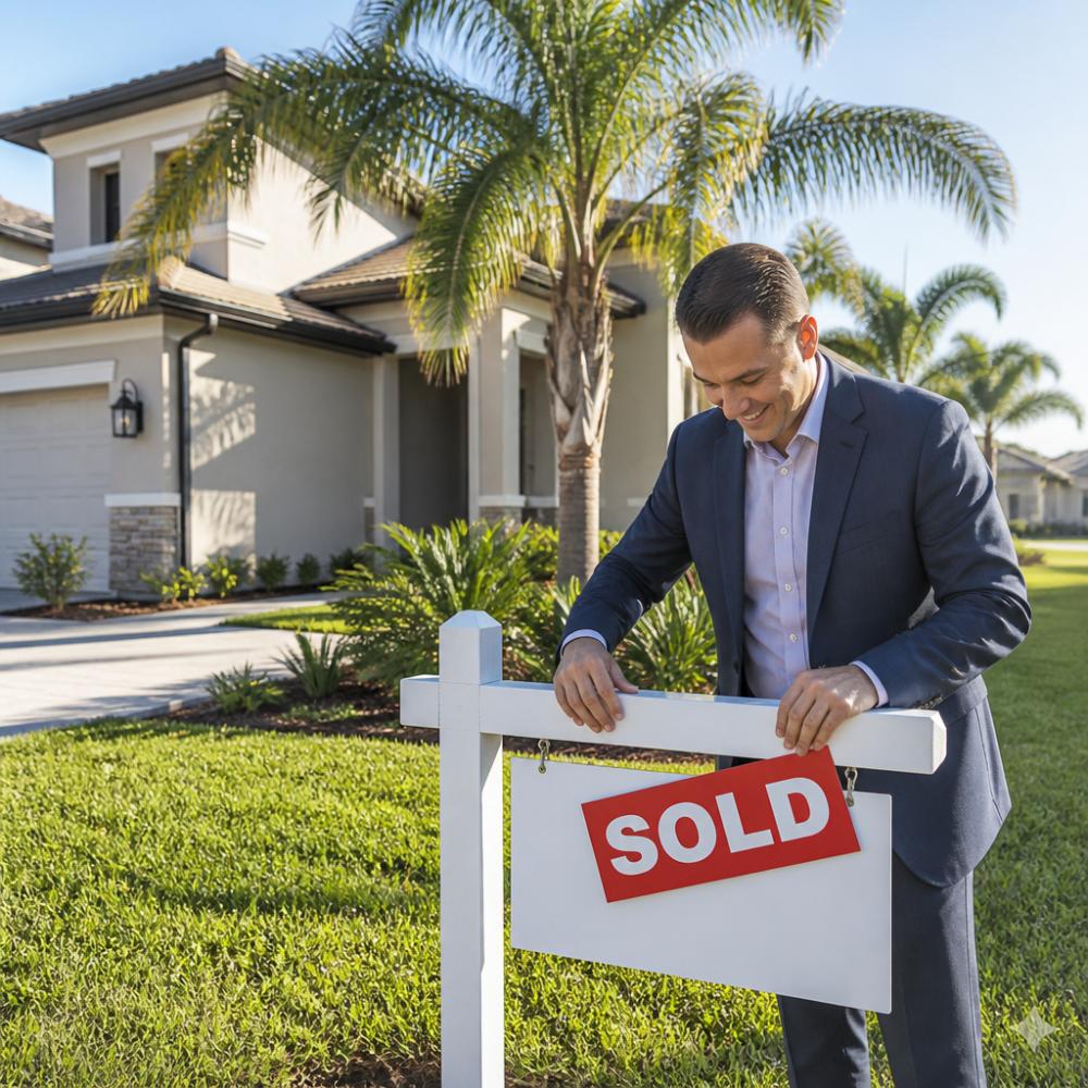 A professional real estate agent in business attire placing a 'Sold' sign in the front yard of a modern single-family home with palm trees in a suburban Florida neighborhood during bright daylight