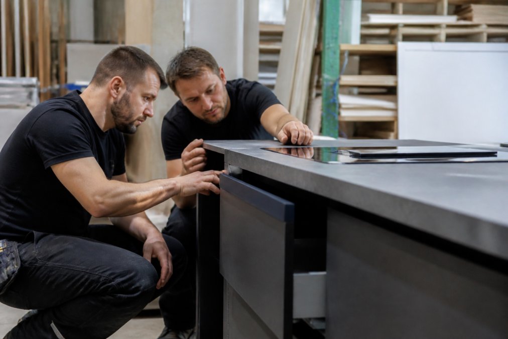 Dva montážníci kontrolují kvalitu a přesnost práce při montáži kuchyňské linky, cena za odbornou instalaci se tak vždy