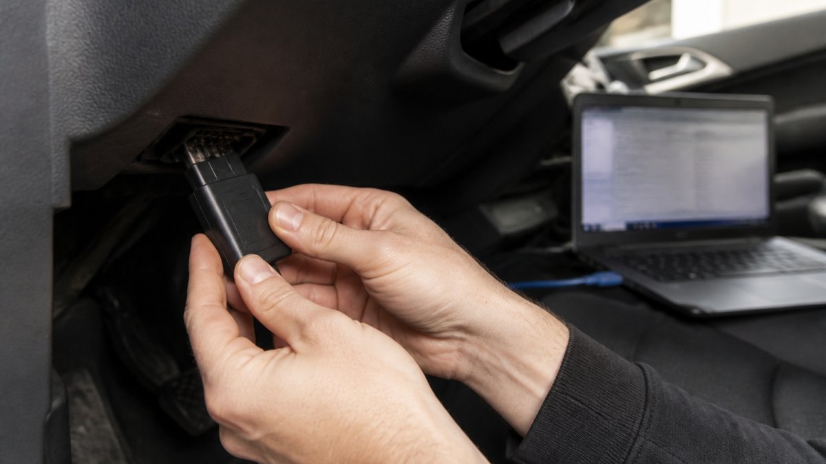 Close-up of hands connecting a small electronic module to a car's OBDII diagnostic port under the dashboard, with a laptop showing diagnostic software in the background