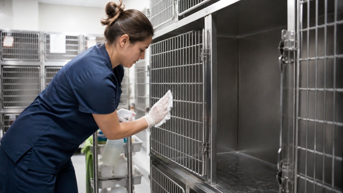 A veterinary technician in scrubs cleaning a stainless steel kennel run in a bright clinic ward, with cleaning supplies visible on a cart nearby