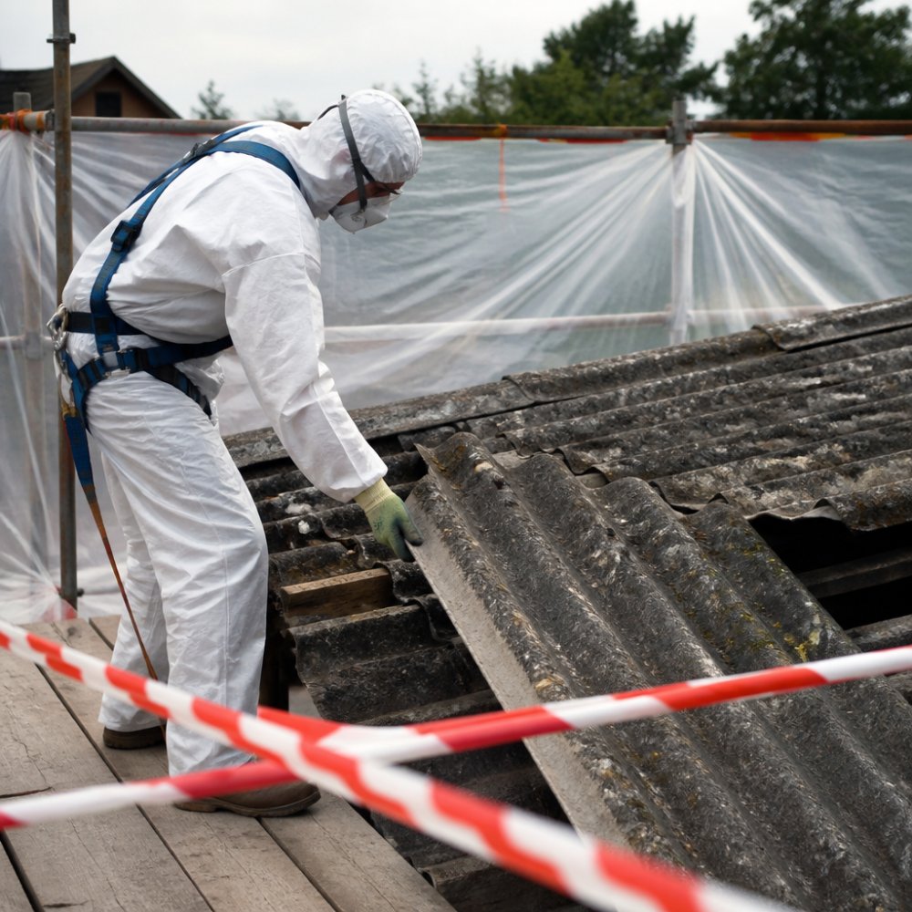Certifikovaný pracovník v bílém ochranném overalu a respirátoru P3 demontující eternitové desky ze střechy, s viditelným značením pracovní zóny a plastovou fólií chránící okolí