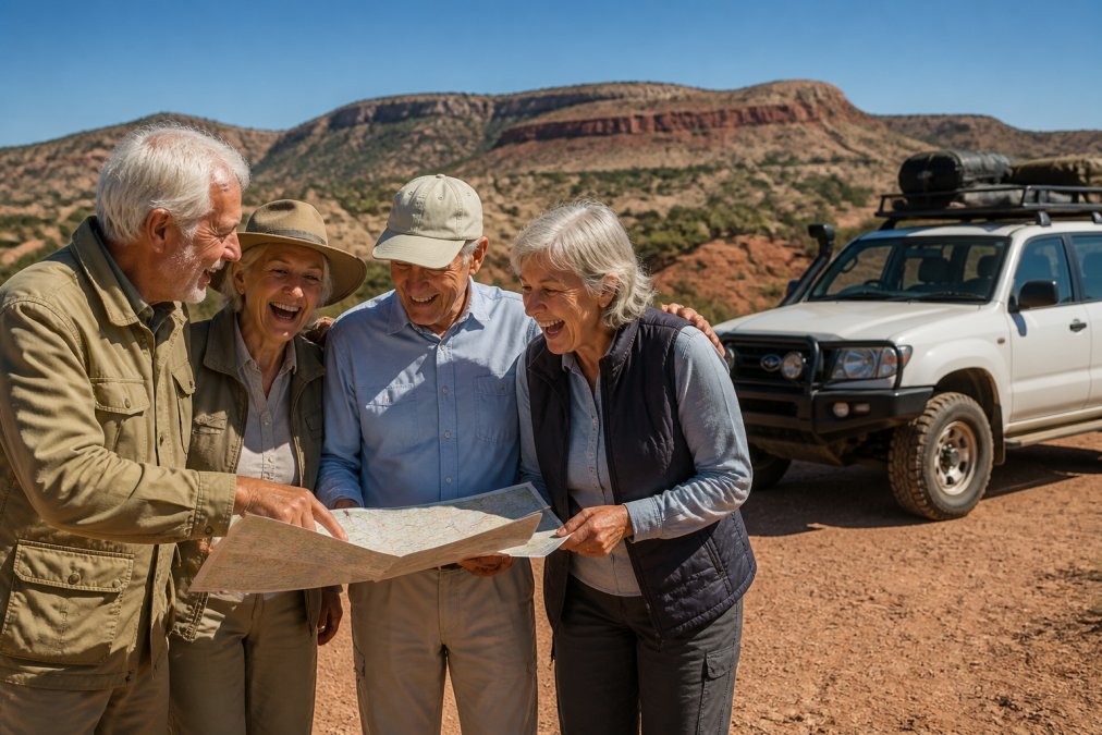 A group of mature travellers laughing together while looking at a map outdoors in a scenic Australian outback location, with a 4WD vehicle parked nearby