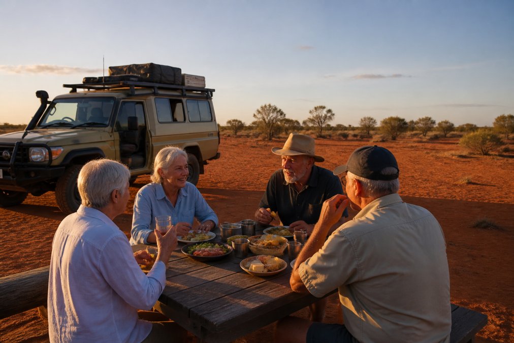 A group of mature travellers sharing a meal at a rustic outdoor table during a scenic Australian tour, a purpose-designed 4WD vehicle parked on the red earth nearby under warm late-afternoon light