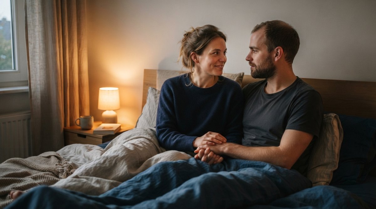 Een koppel in bed dat elkaar aankijkt met warmte en vertrouwelijkheid, in zachte, intieme verlichting