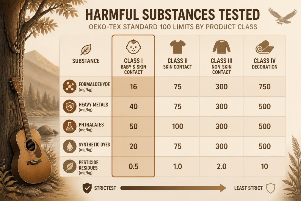 Matrix chart of substances tested for Oeko-Tex certified apparel across four product classes.