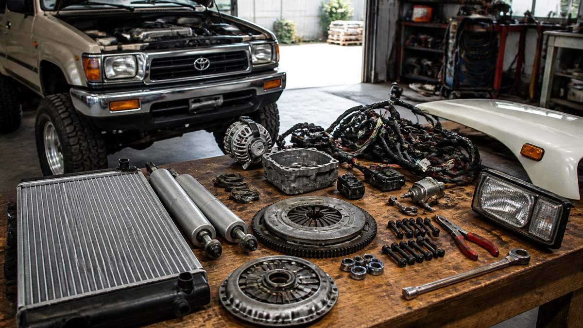 Assorted automotive components including a radiator and shock absorbers laid out on a garage workbench
