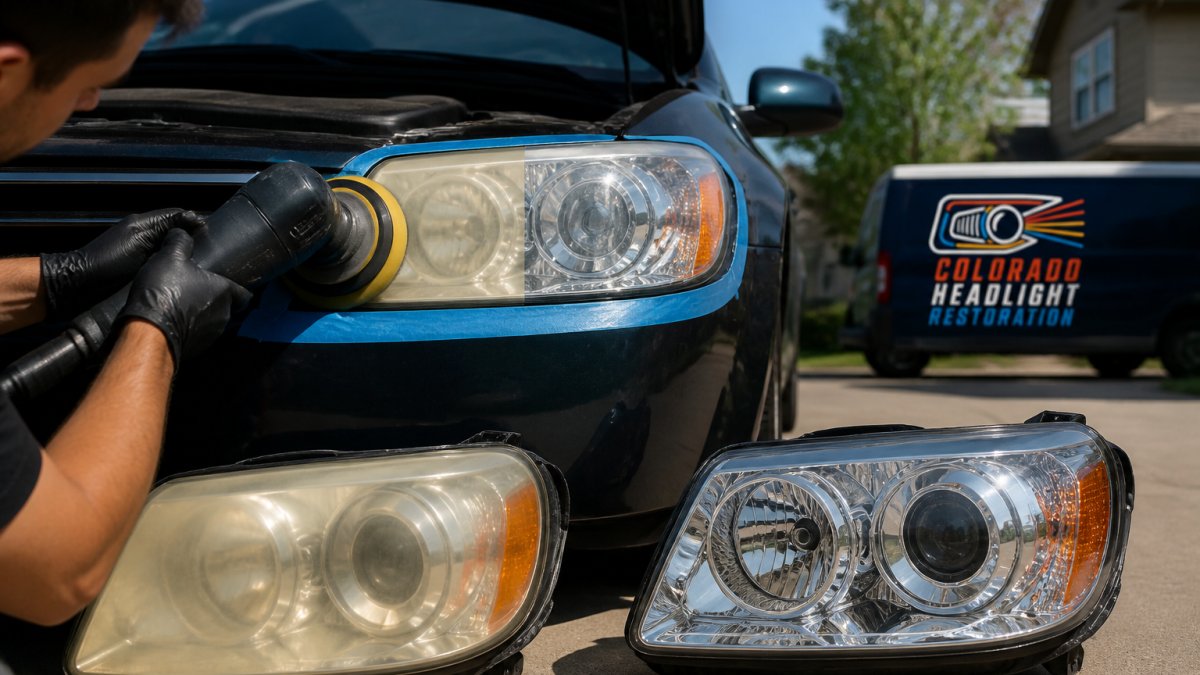 Technician polishing a cloudy headlight to compare restoration versus oem vs aftermarket headlights