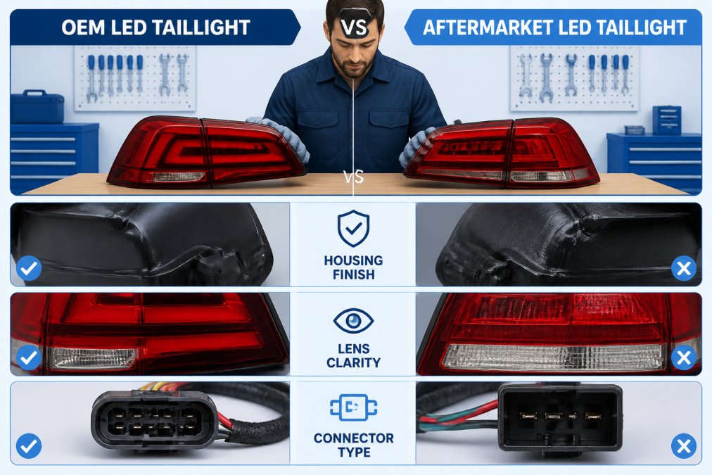 Professional mechanic comparing OEM and aftermarket LED taillight assemblies side-by-side on a workbench, showing housing finish, lens clarity, and connector types under bright workshop lighting