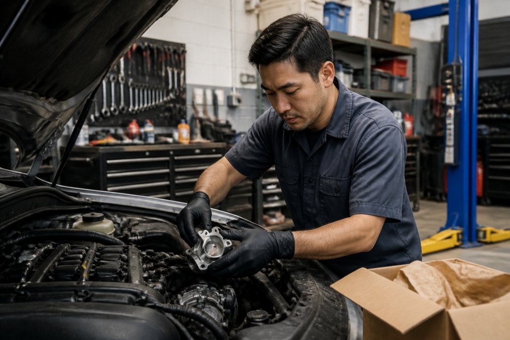 Professional technician installing a genuine OEM part on a Japanese vehicle in a clean, well-equipped repair shop with organized tool storage and diagnostic equipment