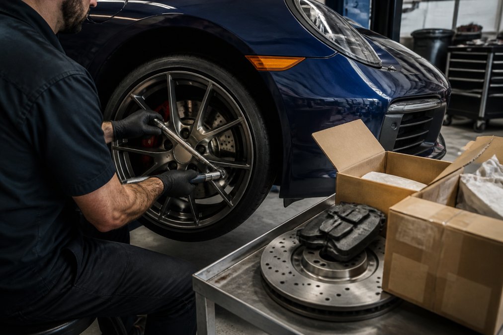 Close-up of a mechanic's hands torquing a genuine OEM wheel onto a Porsche in a clean, well-lit garage bay, with factory packaging visible on a nearby workbench