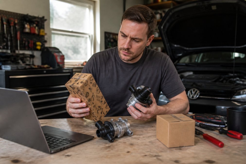 A VW owner in a home garage comparing a genuine OEM boxed part against an unbranded aftermarket part on a workbench, tools and a laptop showing a VIN search nearby