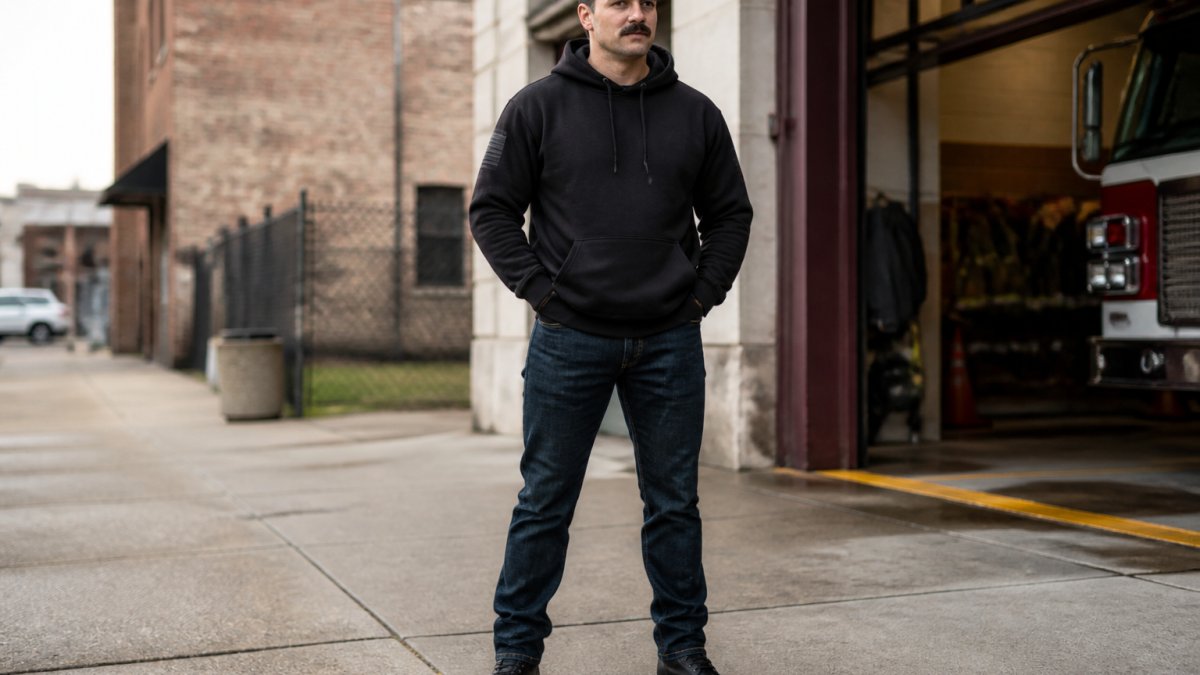 Firefighter in off-duty setting wearing a tactical-style hoodie with dark jeans and boots, standing confidently in a casual urban environment with natural daylight