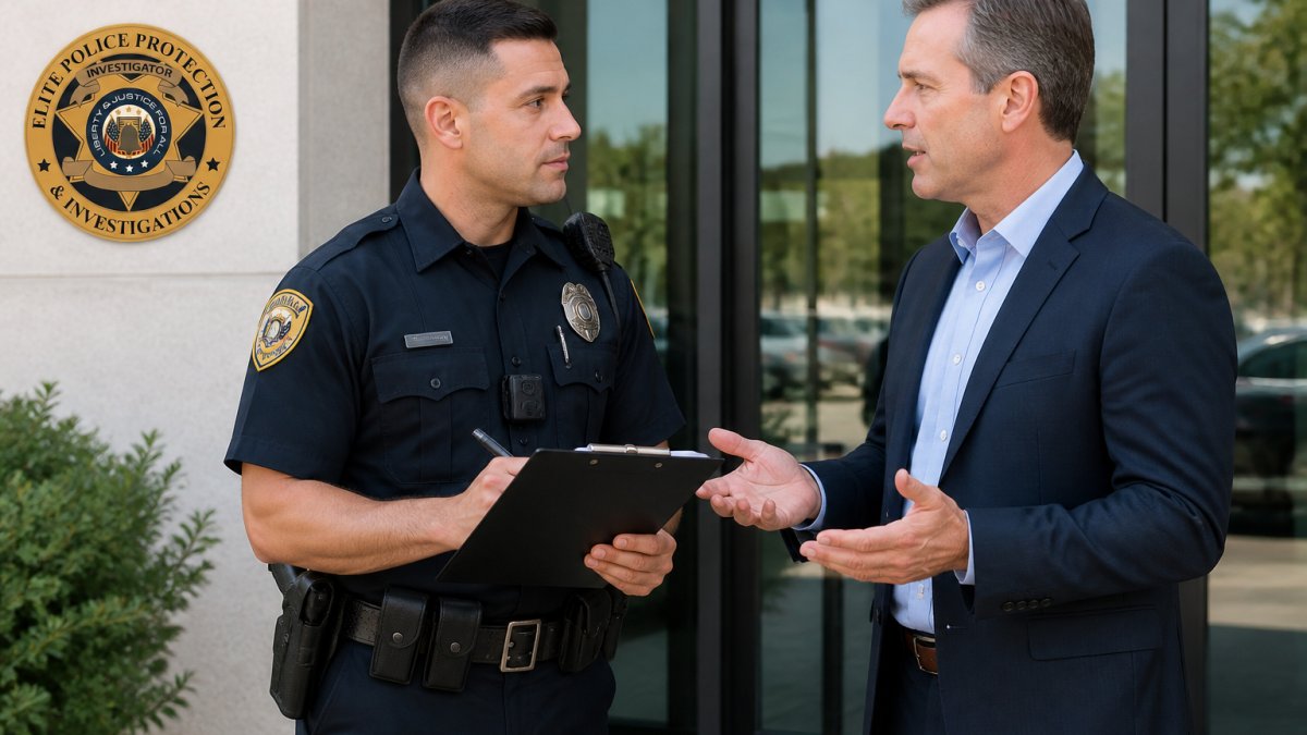 Uniformed officer and property manager discussing off duty services alternatives at a commercial building entrance