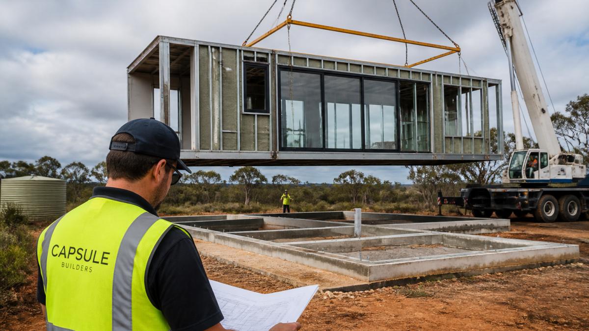 A steel-framed modular home module being craned onto a prepared foundation on a rural block, with a site supervisor in high-vis reviewing plans in the foreground