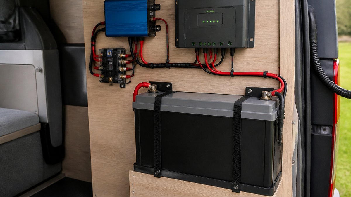 Close-up of campervan interior showing a lithium leisure battery mounted on side panel, MPPT solar charge controller above it with LED indicators, and a Victron DC-DC charger unit with visible cable connections and fusing
