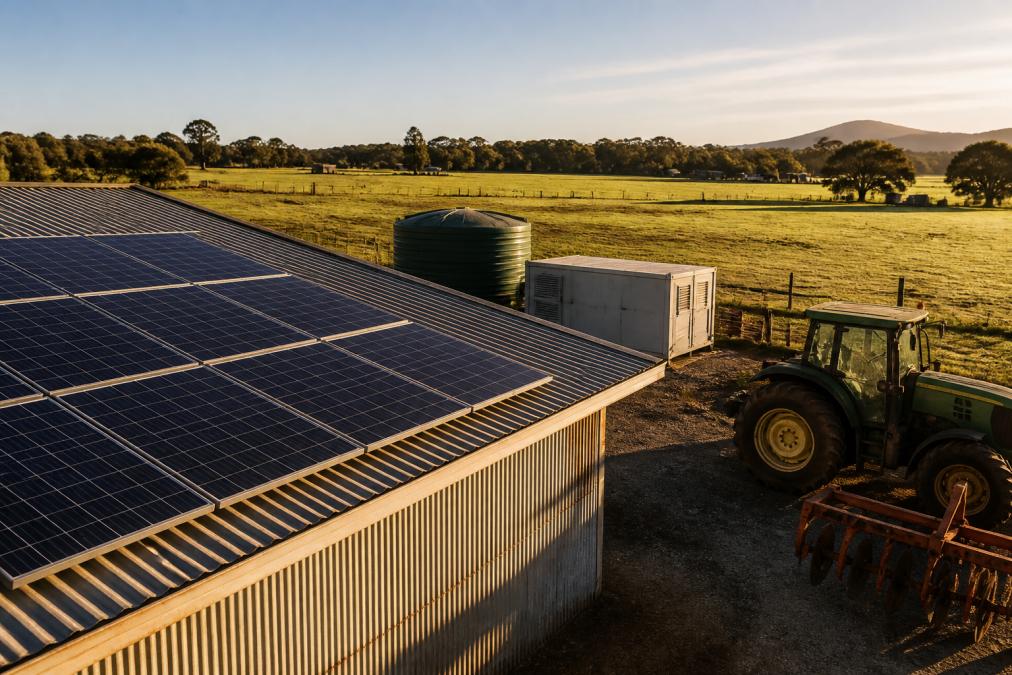 Rural farm property with solar panels mounted on a weathered shed roof, battery storage unit visible in the background, farm equipment parked nearby under morning sunlight with green paddocks stretching to the horizon