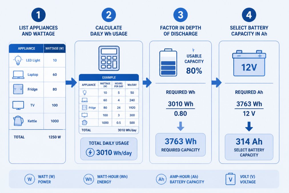 Flowchart showing the 4-step sizing process: 1) List appliances and wattage, 2) Calculate daily Wh usage, 3) Factor in depth of discharge, 4) Select battery capacity in Ah