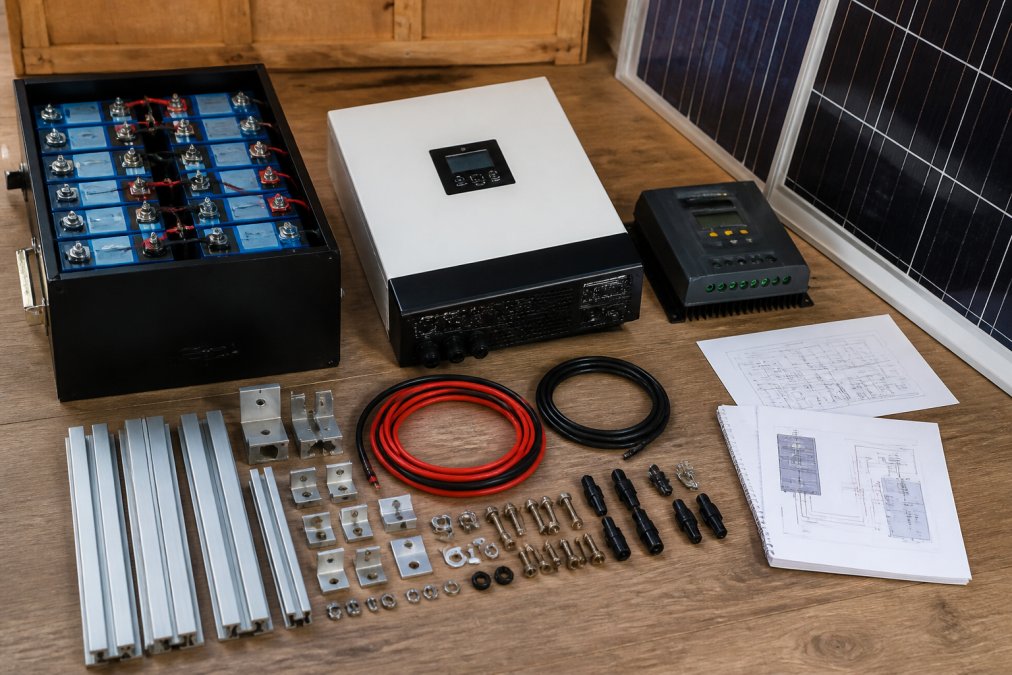 Overhead view of off-grid solar system components laid out on a work surface: lithium-ion batteries in metal enclosure, inverter-charger unit with display panel, MPPT charge controller, mounting hardware, and solar panels arranged with technical documentation and wiring diagrams nearby