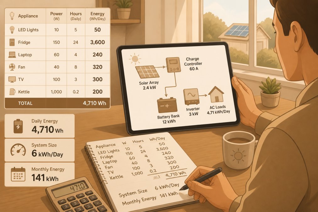 Homeowner reviewing detailed energy usage data on a tablet in their home office, with a handwritten notebook showing load calculations visible, and a solar system diagram displayed on the tablet screen with natural afternoon light streaming through the window