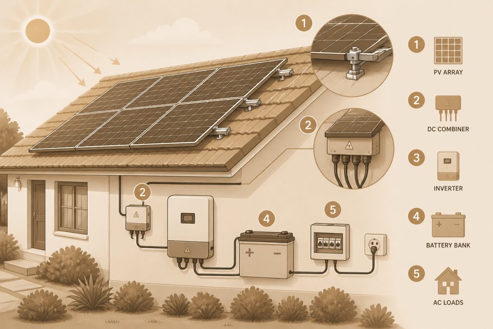Rooftop solar panels installed on a residential home with clear view of the photovoltaic array in afternoon sunlight, showing mounting system and electrical connections
