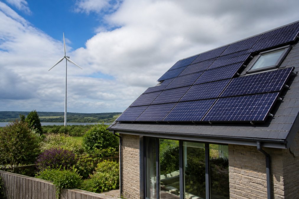 Diagram showing a hybrid residential system combining roof solar panels and a garden wind turbine for power.