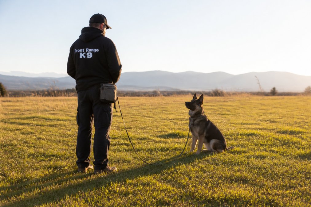 A professional dog trainer standing in an open field with a dog on a long line, the dog focused calmly on the handler with soft morning light behind them