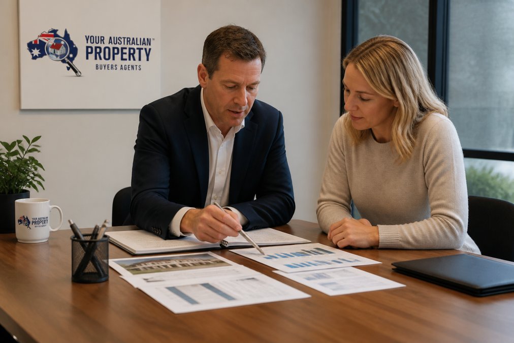 Professional buyer's advocate and client reviewing property documents and negotiation strategy at desk with laptop and property analysis charts