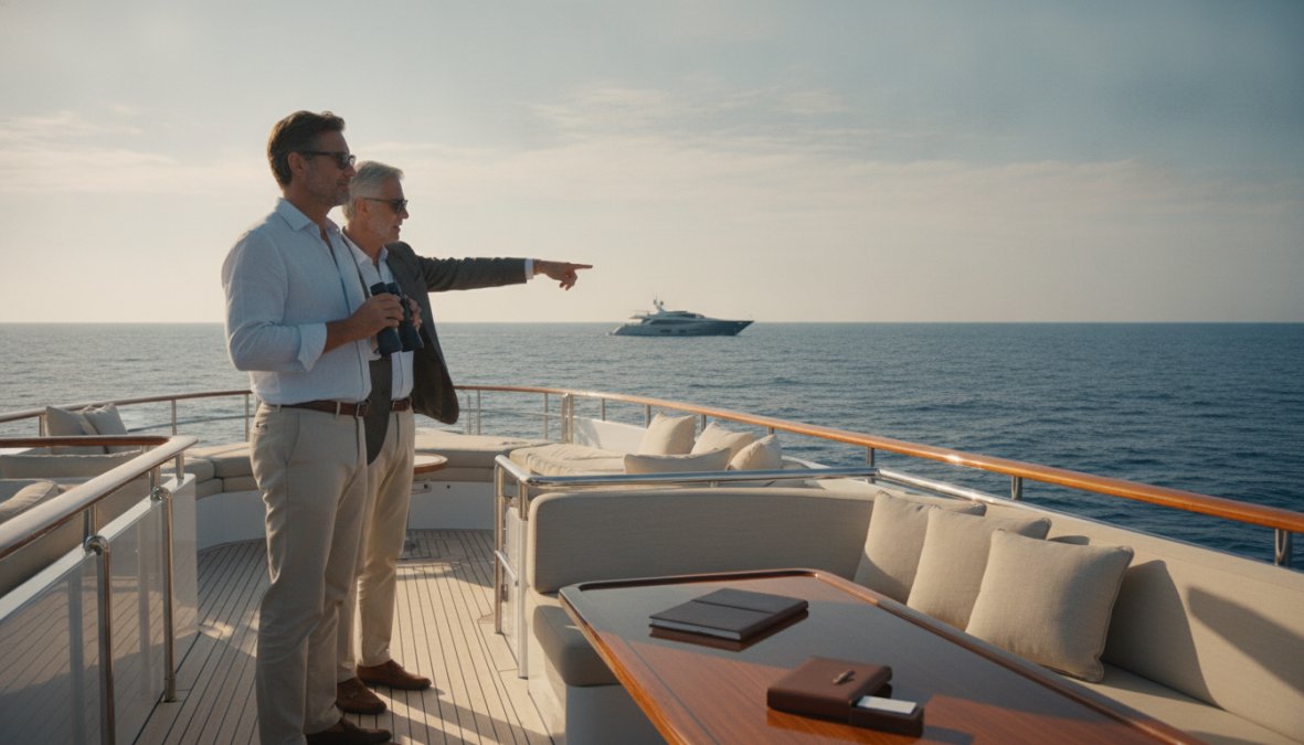Professional illustration showing yacht and broker and meeting concepts for off market yacht for sale
