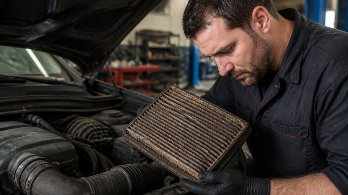 Professional technician inspecting a clogged air filter element covered in dust and dirt accumulation after an off-road trail, examining the filter closely under bright workshop lighting