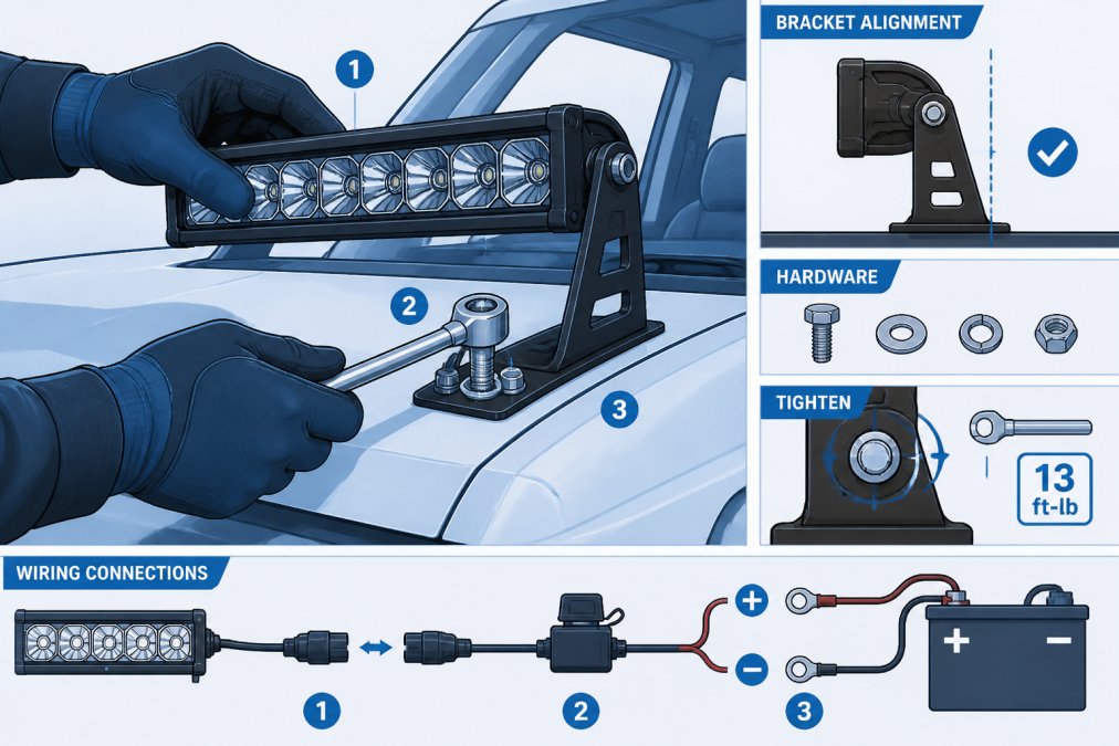 Close-up of hands installing an LED light bar onto a truck hood mount bracket with wiring harness visible, stainless steel bolts being tightened, showing proper bracket alignment and electrical connections