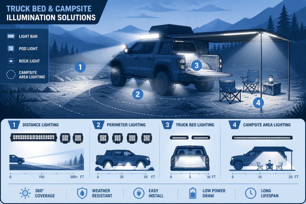 Off-road truck parked at a campsite at dusk with LED light bars and pod lights illuminating the surrounding terrain and camp setup area, showing realistic lighting coverage across rocks and vegetation