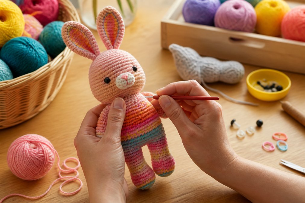 Crafter's hands working on a colorful amigurumi bunny with yarn and crochet hook on a bright workspace, showing finished plushie details