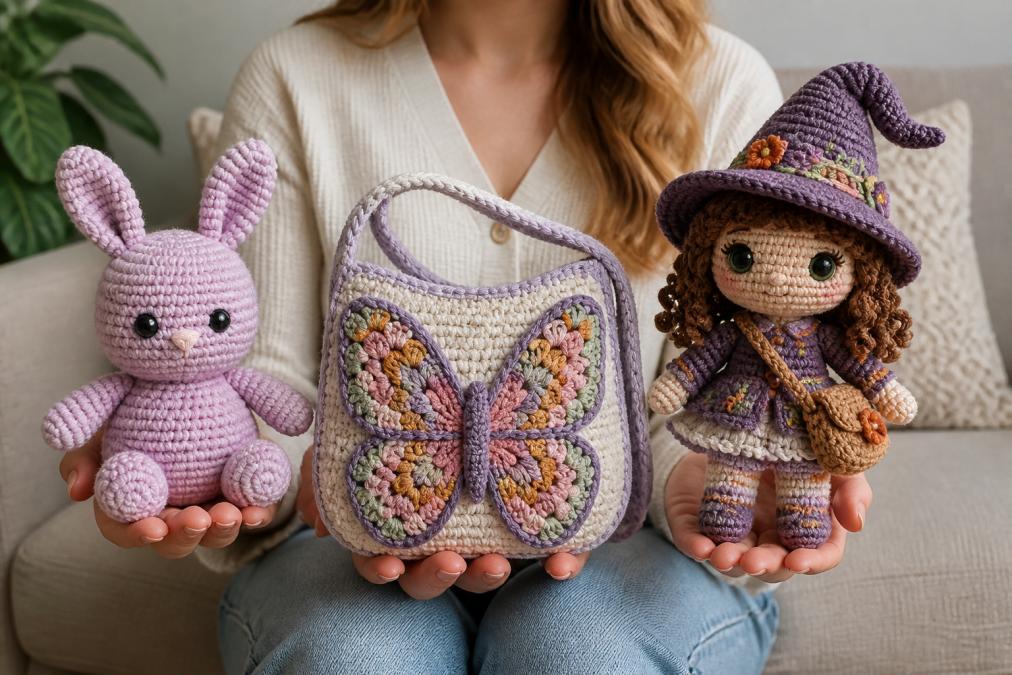 Hands holding three finished crochet projects at different complexity levels arranged side by side: a simple single-color plushie bunny, an intermediate patterned butterfly bag with color changes, and an advanced detailed amigurumi character with embroidered features and fine detail work