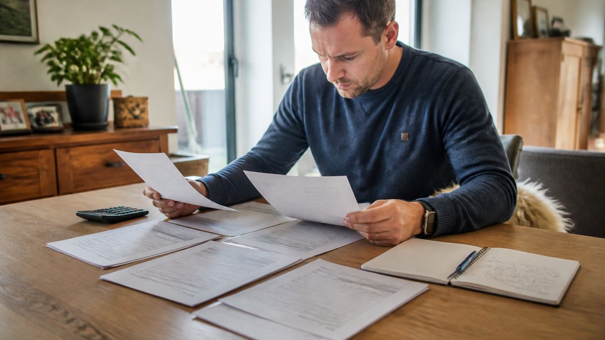 Huiseigenaar zittend aan tafel met meerdere papieren offertes uitgespreid, rekenmachine en notitieboekje met aantekeningen, studieus materiaal vergelijkend onder daglicht