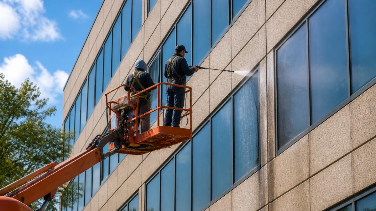 Pressure washing crew using a lift to clean the exterior of a multi-story office building with safety gear