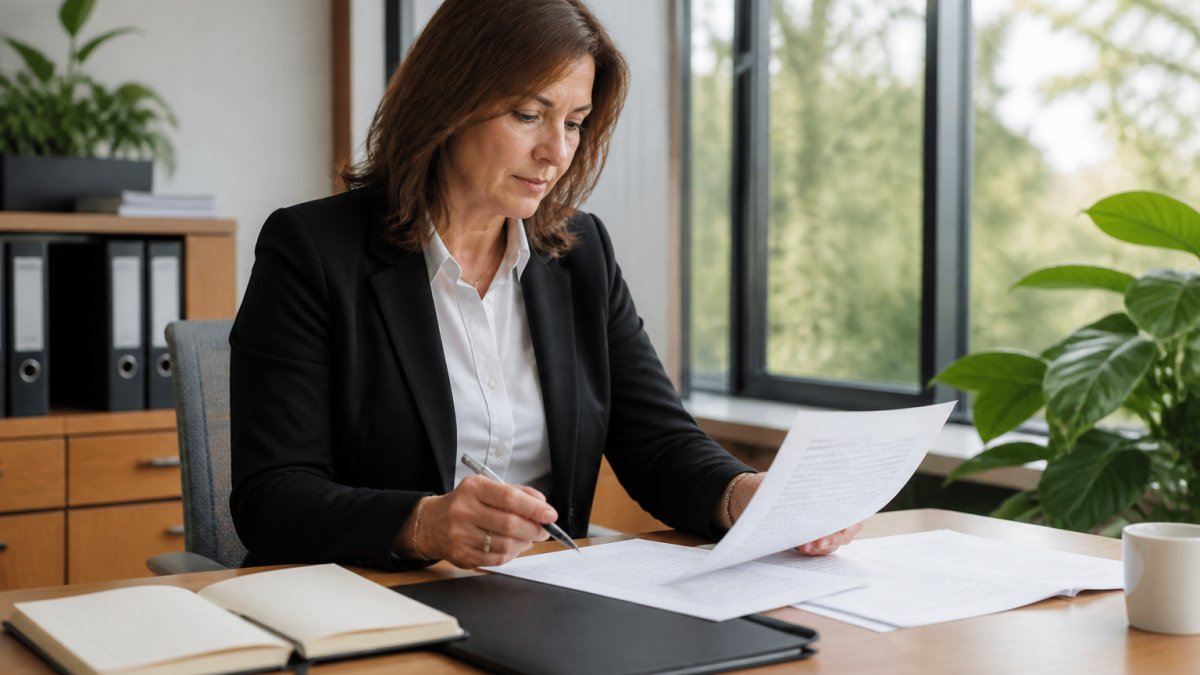 Office manager reviewing a cleaning contract document at a desk with a pen and notepad, natural daylight from window