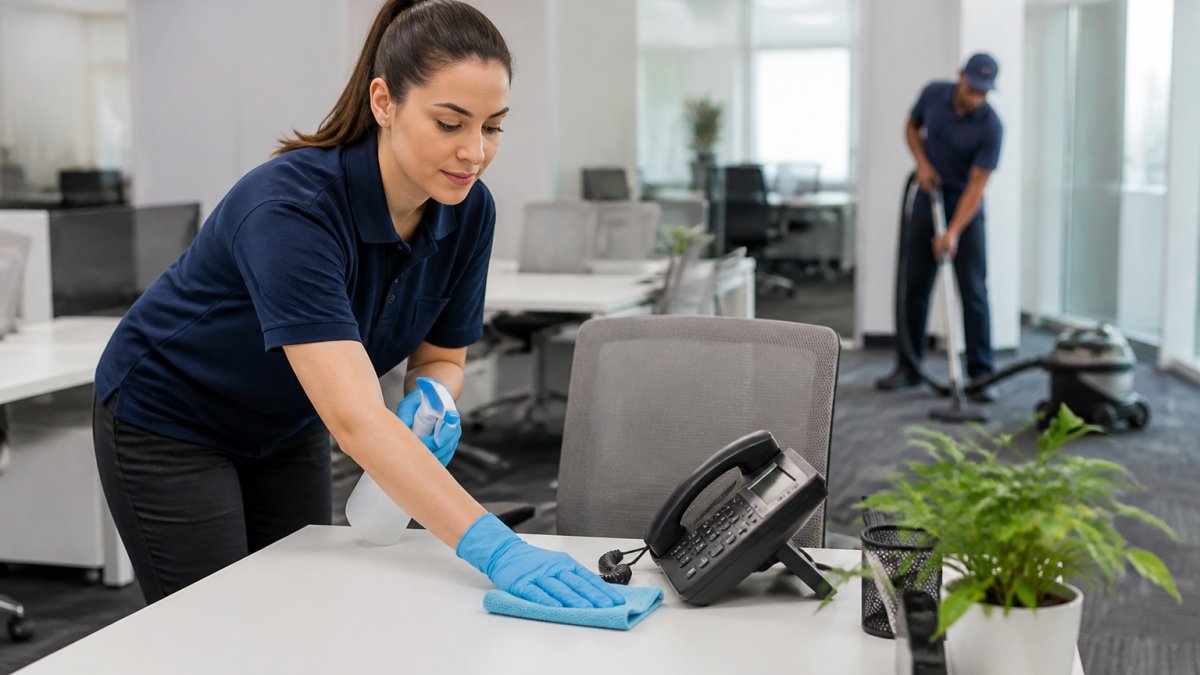 A professional cleaner in a branded uniform dusting desks and wiping down office equipment in a bright modern workspace, with vacuuming visible in the background