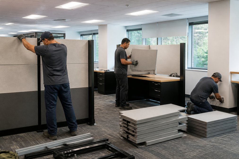 Professional team of workers systematically dismantling office cubicle panels and workstations in a commercial office space, carefully stacking components and disconnecting electrical systems