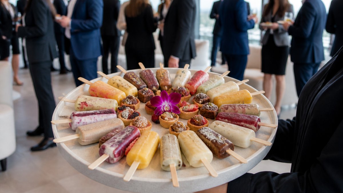 Elegantly arranged platter of colorful bite-sized frozen paletas and mini desserts displayed at a corporate event, with colleagues in business attire mingling in soft focus in the background