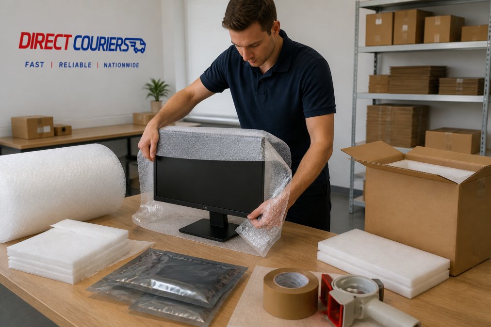 Professional wrapping a computer monitor for secure office equipment storage at a packing station.