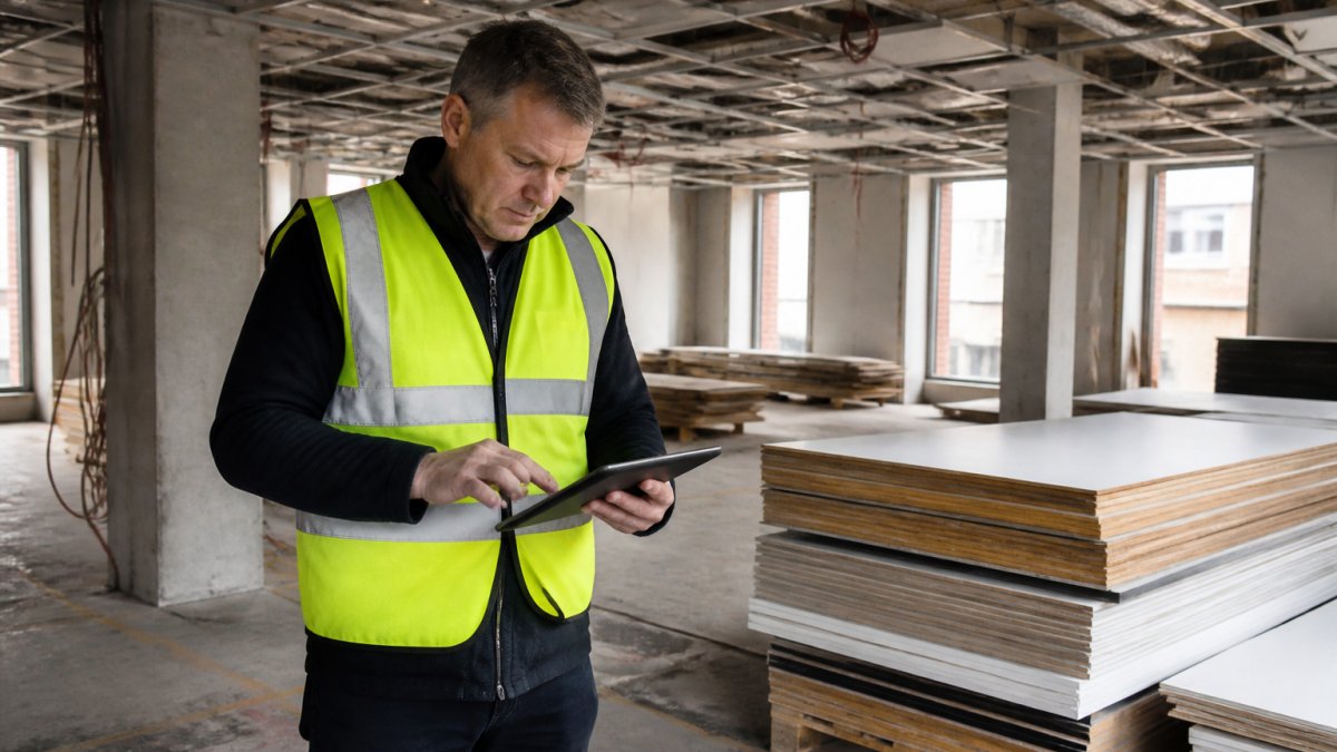 A site manager in a high-visibility vest reviewing plans on a tablet inside a stripped-back commercial space undergoing fit out, with joinery materials stacked nearby