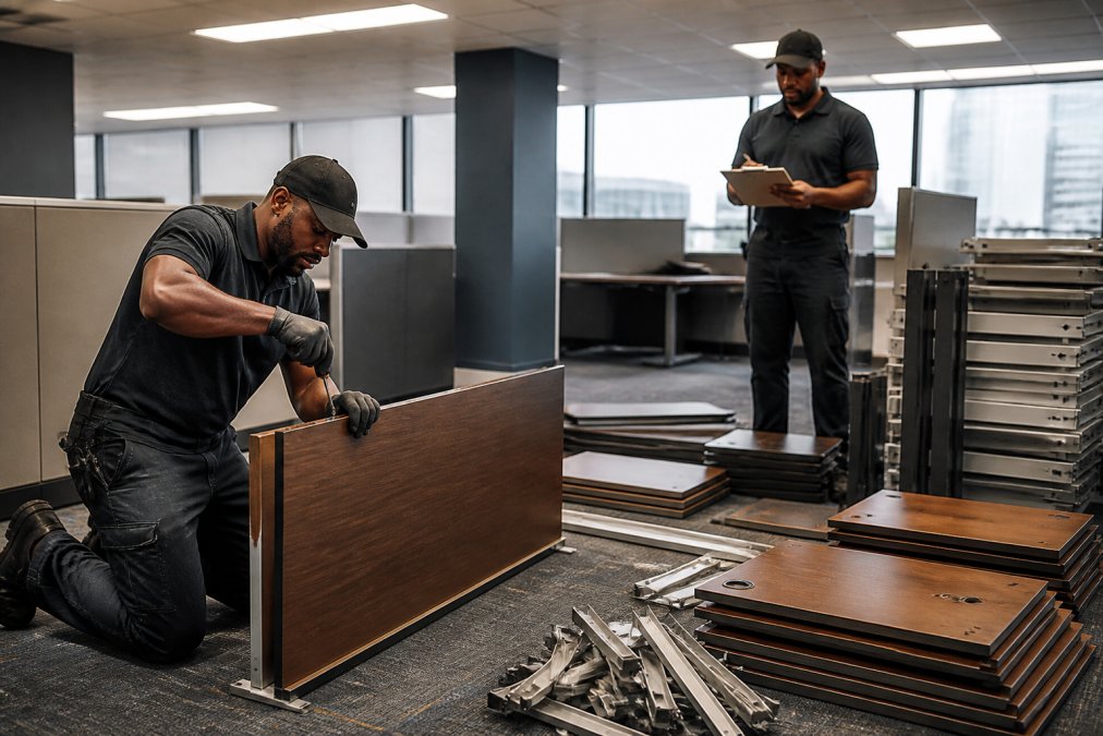 Professional facility staff and movers disassembling office workstations and desks in a commercial office space, with labeled inventory clipboards and organized stacks of components visible in the background